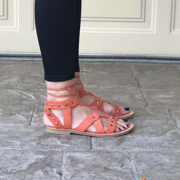 Orange Crush Leather Distressed Gladiator Sandals - Picture 5 of 7